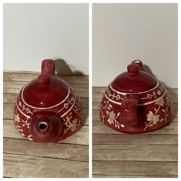 💥HOST PICK💥Hand Painted Squat 3 3/4” Tea Pot+Lid - Red Brown/Tan ~Some Crazing - Picture 3 of 11